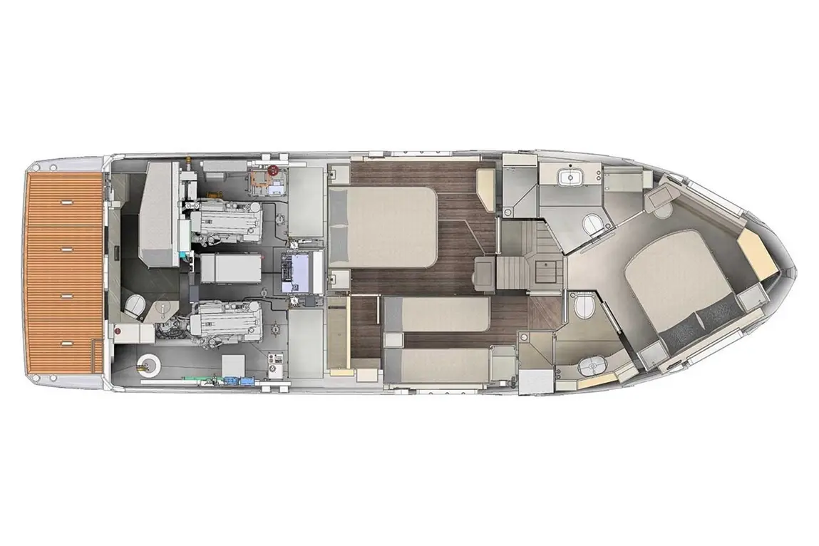 Layout of a modern boat interior featuring seating areas, two cabins, restrooms, and engine compartments.